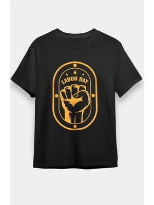 Tarz Yeri 1 Mayıs Labor Day Emekçi Temalı Baskılı Oversize Bisiklet Yaka T-Shirt - Siyah