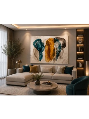 Ftrmalzemecim Premium Turkuaz & Altın Soyut Kanvas Tablo – Modern Lüks Duvar Dekoru | Salon, Ofis, Çalışma Odası ve Yatak Odası Için Çerçevesiz Dekoratif Tablo