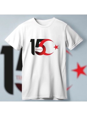 Tarz Yeri 15 Temmuz Demokrasi ve Milli Birlik Günü Ay Yıldız Baskılı T-Shirt - Beyaz