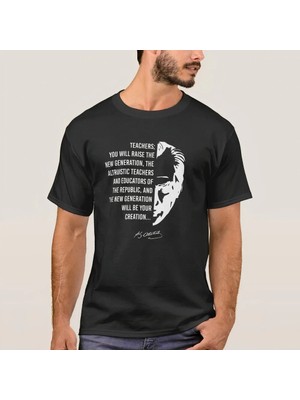 Tarz Yeri 24 Kasım Öğretmenler Günü Temalı Baskılı Bisiklet Yaka T-Shirt - Siyah