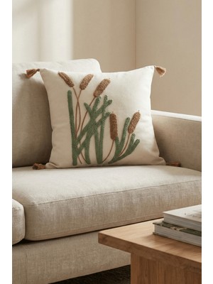 Destiva Home Renkli Sazlık Punch Nakışlı Dekoratif Püsküllü Gizli Fermuarlı Pamuk Kırlent Kılıfı  42X42 cm