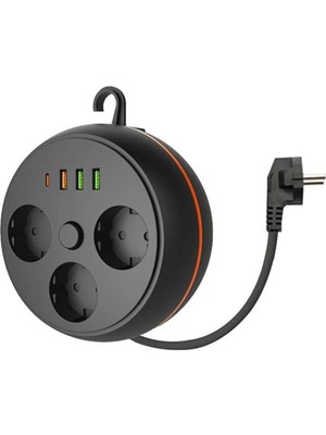 Genel Tedarik 3 Adet Soket,3 Adet USB ve 1 Adet Type-C Girişli Termal Akım Korumalı Makaralı Priz 3395