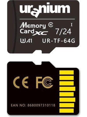 Uranium 64GB Uranıum UR-TF-64G Mıcro Sd Card U3 7/24 Surveıllance 100/40MBS Industrıal Hafıza Kartı (3 Yıl Garanti)