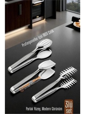 Genel Tedarik 3’lü Inox Çelik Mutfak Maşa Seti - Makarna Pasta Salata Çok Amaçlı Maşa 3 Lü Set 722225