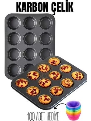 Genel Tedarik 12 Li Muffin Kalıbı Teflon Çelik 100 Muffin Kağıtlı 719516