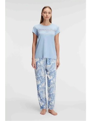 Kısa Kol Bisiklet Yaka Kadın Viskon Çiçek Desenli Yazlık Örme Dantel Detaylı Pijama Takımı