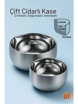 Genel Tedarik Çift Cidarlı Isı Yalıtımlı 4'lü Lüks Kase Seti (16CM & 18CM) Premium 304 Paslanmaz Çelik 722668