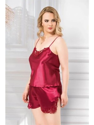 Büyük Beden Bordo Saten Babydoll Şort Takımı