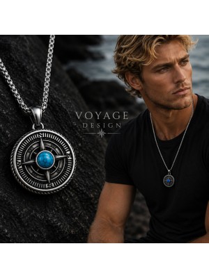 Voyage Accessory Antik Gümüş Renk Paslanmaz Çelik Turkuaz Taşlı Vintage Pusula Kolye