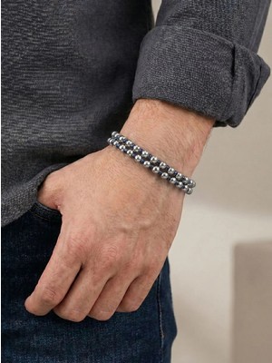 Parmas Design Çift Şerit Gümüş ve Mavi Renk Hematit Çelik Erkek Premium Bileklik 01833
