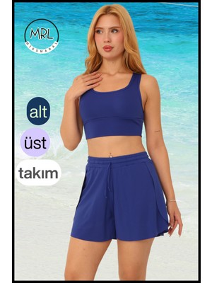 Miss Maral Kadın Mavi Iki Katmanlı Spor Mayo Takım – Sabit Pedli Üst, Cepli Beli Lastikli Şort TK3108