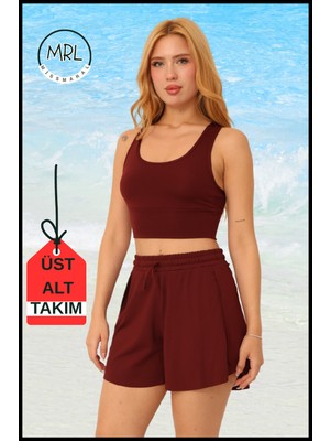 Miss Maral Kadın Bordo Şortlu Mayo Spor Takım – 2 Katmanlı, Havuz & Deniz Kenarı Kullanımına Uygun TK3108
