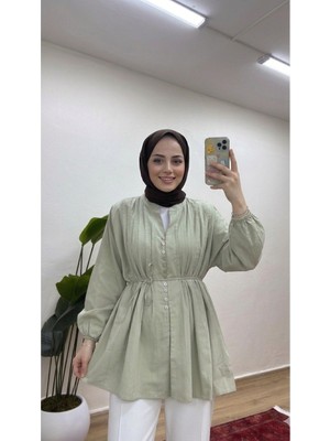 Moonsc Kadın Rahat Kalıp Nervürlü Haki Standart Keten Beden Tesettür Gömlek