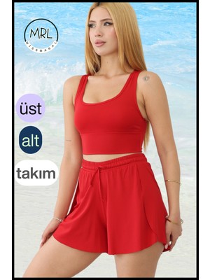 Miss Maral Kadın Şortlu Mayo Spor Takım Kırmızı – 2 Katmanlı, Havuz & Deniz Kenarı Kullanımına Uygun TK3108