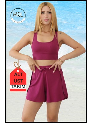Miss Maral Kadın Mürdüm Iki Katmanlı Spor Mayo Takım – Sabit Pedli Üst, Cepli Beli Lastikli Şort TK3108