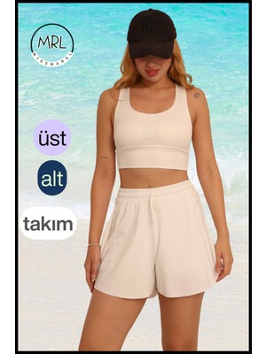 Miss Maral Kadın Doğal Ekru Iki Katmanlı Spor Mayo Takım – Sabit Pedli Üst, Cepli Lastikli Şort Tk 3108