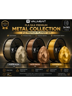 MisterionStudio Valment Pla Silk Metal Collection 3X1KG Filament Seti 1.75MM | Süper Altın + Antik Bronz + Platin Altın | Premium Metalik Görünümlü Silk Pla