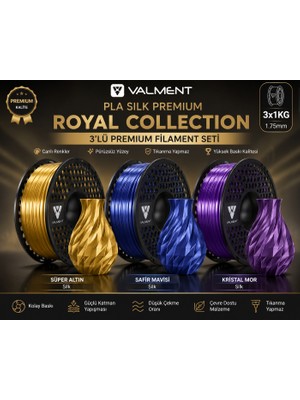 MisterionStudio Valment Pla Silk Royal Collection Premium Filament Paketi 3X1KG 1.75MM | Süper Altın Safir Mavisi Kristal Mor | Parlak Silk Pla 3D Yazıcı Filamenti