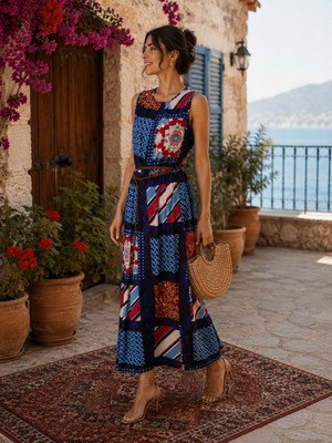 Bidesing Kadın dar kesim Patchwork Desenli Kolsuz Midi Elbise