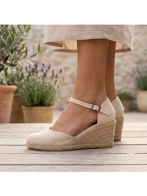 Star Tombis  Elişi Bej Bilekten Bantlı Topuğu Açık Keten Espadril Dolgu Topuk Handmade