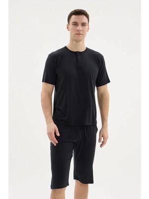 Kly Pijama Kly 26256 Erkek Siyah Tencel/tensel Yarım Düğmeli Yarım Kollu Cepli Kapri Takım