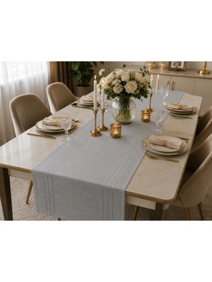 Zeyno Home Tekstil %100 Polyester Dertsiz Leke Tutmaz Şerit Desenli Runner Masa Örtüsü 34X220 cm