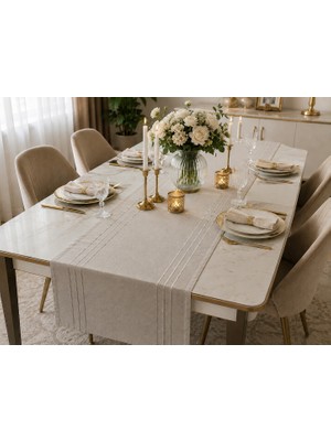 Zeyno Home Tekstil %100 Polyester Dertsiz Leke Tutmaz Şerit Desenli Runner Masa Örtüsü 34X220 cm
