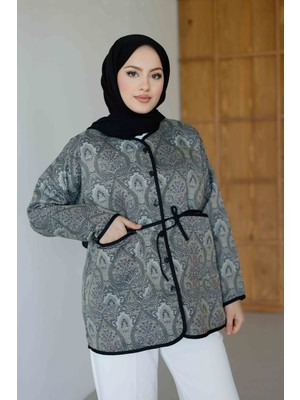 Moonsc Kadın Etnik Desenli Ceket Uzun Kol Laci-Gri Dokuma Casual/günlük Stil