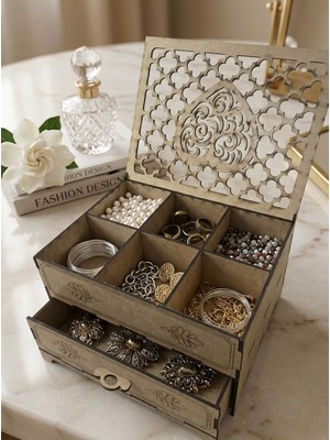 Linea Craft Ahşap Sandık Bölmeli ve Çekmeceli Takı Kutusu
