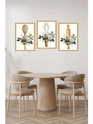 Ar Ajans Kanvas Tablo Floral Ahşap Kaşık & Çırpıcı Desenli Modern Duvar Dekoru 3lü Mutfak Seti Çerçeveli Mdf Tablo