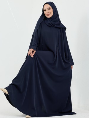 Kadeem Giyim Serra Şal Hediyeli Düğme Detaylı Dubai Abaya Takım Lacivert - 1015