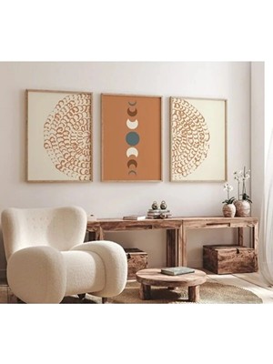 Ar Ajans Kanvas Tablo Ay Fazları & Mandala - Boho Spiritüel Minimal Çerçeveli Mdf 3lü Set Tablo