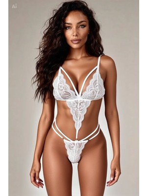 Hace Bazaar Kadın Beyaz Cut-Out Detaylı Dantel Dokulu Premium Fantezi Body