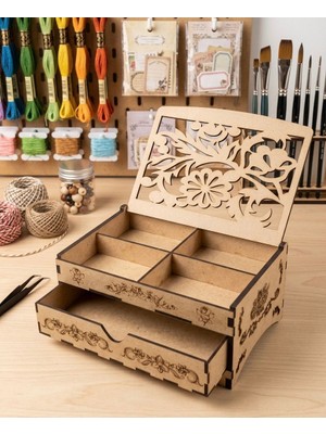 Linea Craft Ahşap Bölmeli ve Çekmeceli Takı Kutusu