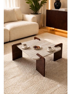 tridihome Traverten Taş Dokulu Kare Orta Sehpa Ahşap Ayaklı Modern Tasarım Geçme Ayaklı Salon Ofis Sehpası 70* 70CM Traverten Ahşap Uyumlu Orta Sehpa Koyu Ceviz  Geçirmeli Ayaklı Orta Sehpa