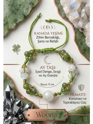 Woona Nazar & Şans & Refah ve Içsel Denge - Kanada Yeşimi & Ay Taşı & Hematit Ayarlanabilir El Yapımı Özel Tasarım Doğal Taş Bileklik