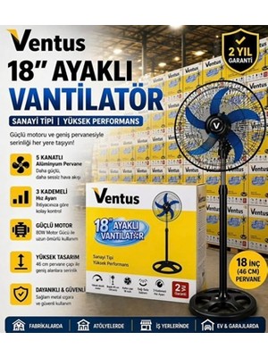 Belirtilmemiş Ventus Fs-18 18'' Sanayi Tipi Ayaklı Vantilatör | 80W | 3 Kademeli | Metal Kafesli | Sessiz Çalışma | Salınımlı Fan