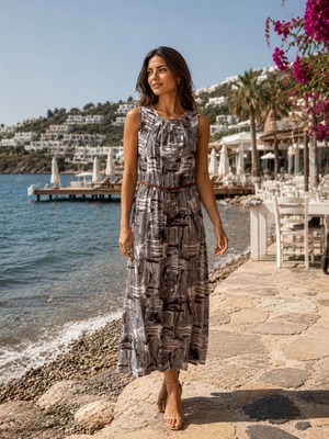 Bidesing Kadın Gri Batik Desenli Kolsuz Midi Elbise