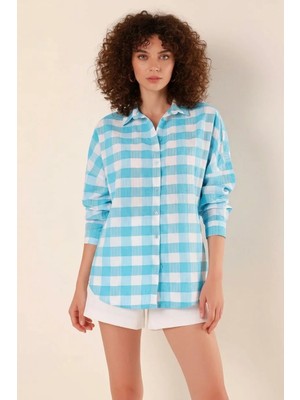 Morado Se siente Perfecto Kadın Kareli Desen Basic Oversize Pamuklu Mavi Gömlek