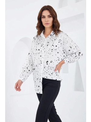 Morado Se siente Perfecto Kadın Oversize Desenli Saten Siyah Beyaz Gömlek