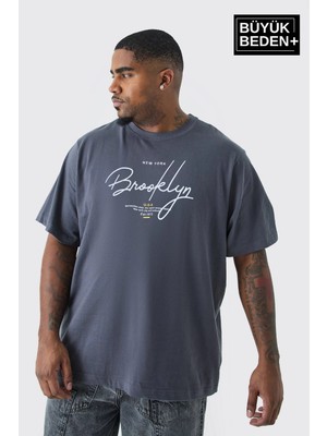 Superlife Erkek Büyük Beden El Yazılı Brooklyn Baskılı 3xl-6xl Bisiklet Yaka Tshırt SPR26BTS510-6