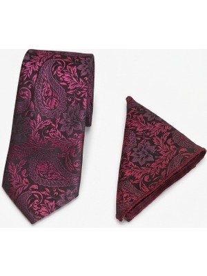 Sdnyazo Louis Cavalle Bordo Desenli Erkek Kravat ve Mendil Seti - Mikrofiber Kumaş