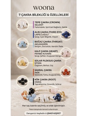 Woona Enerji & Denge ve Şifa Bilekliği 7 Çakra - Selenit & Pembe Kuvars & Lapis Lazuli & Akuamarin & Sitrin & Oniks & Hematit Doğal Taş El Yapımı Özel Tasarım Unisex 7 Çakra Bilekliği