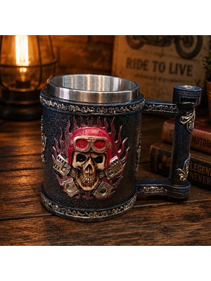 baytoptan Kuru Kafa Motorcu Tasarımlı 3D Metal Kupa Bardak - Çelik Iç Yüzey