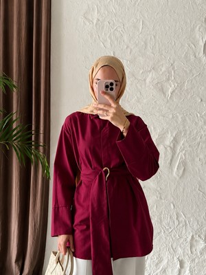 Moonsc Kadın Kuşağı Toka Detaylı Bel Bağlamalı Bordo Tesettür Gömlek
