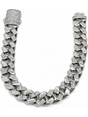 Balenbi Jewelry Kadın Taş Detaylı Gümüş Renk Kalın Gurmet Zincir Kararmaz Çelik Bileklik 1105