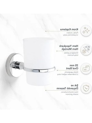 Esranın Dünyası Alper Banyo Iris Krom Kaplama Diş Fırçalık, Bardaklı Diş Fırçası Tutucu, Yapışkanlı ve Vidalı Montajlı, 35 mm Oval Bantlı