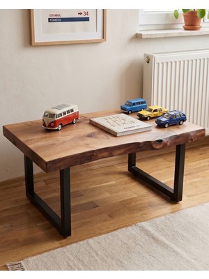 Pera Home Doğal Ceviz Kütük Orta Sehpa Masif Ahşap Live Edge Tasarım Metal Ayaklı Salon Sehpası - 40X40 cm
