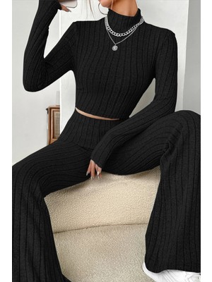 Kapsulavm Kadın Siyah Boğazlı Crop Top ve Yüksek Bel Eşofman Takımı Spor Şık Kombin