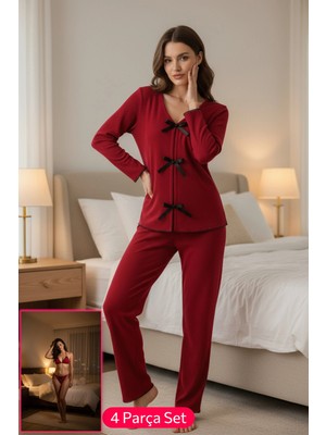 Kapsulavm Kadın Bordo Fiyonklu Iç Çamaşırı ve Uzun Kollu V Yaka Pijama Takımı 4'lü Set